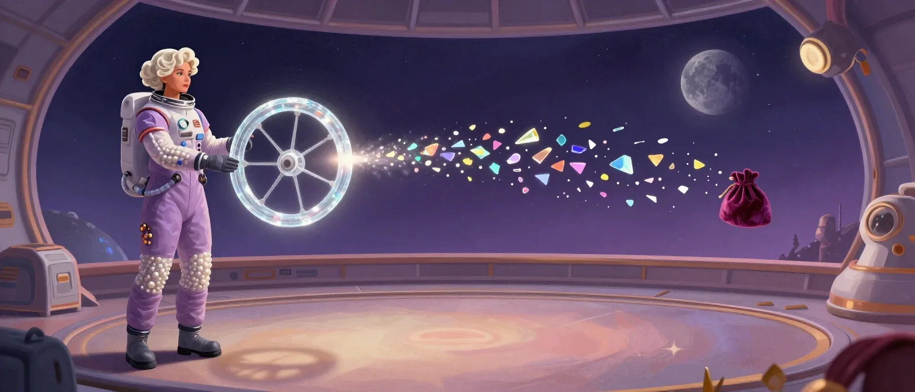 Rollbit free spins shown as colourful tokens around a crystal wheel