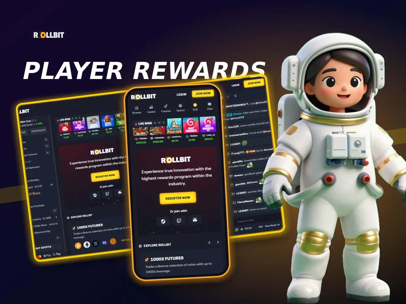 Desktop Rollbit home with player rewards and account controls