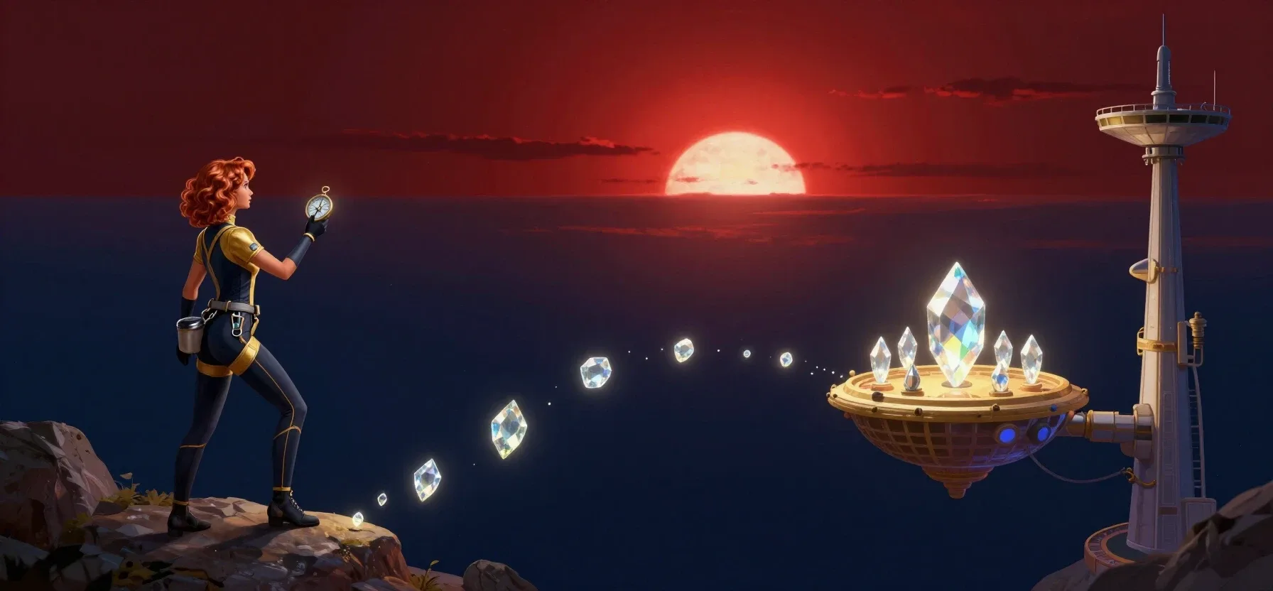 Rollbit VIP rewards represented by glowing gemstones and a treasure chest